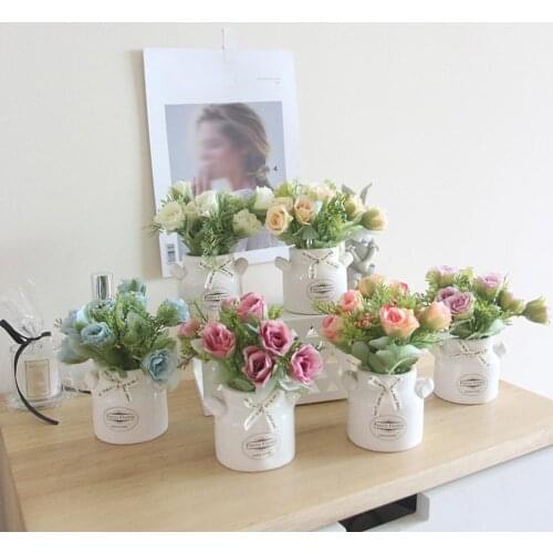 1Pc Artificial Flower Real Touch Ceramic Pot Fake Rose Flowers Bonsai Stage Garden Wedding Home Party Decoration Indoor Decor