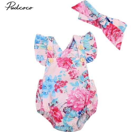 2018 Brand New Newborn Toddler Infant Baby Girl Floral Bodysuit Jumpsuit Headband 2Pcs Set Ruffled Outfit Cross Backless Sunsuit