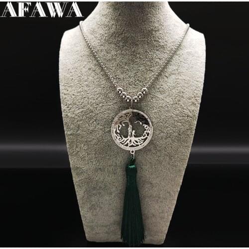 2021 Fahsion Bead Long Crystal Stainless Steel Necklaces for Women Tree of Life Tassel Necklaces Jewelry collier femme N18552