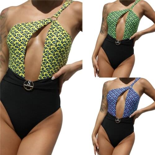 2021 Womens Sexy One Piece Swimsuits One Shoulder Cut Out Leopard Printed Patchwork Monokini Bathing Suits Cover Skirts Bikini
