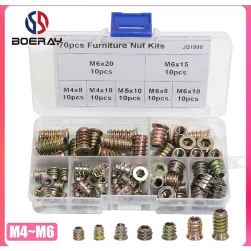 70pcs Zinc Alloy Furniture Wood Hex Socket Drive Threaded Insert Nut Assortment Kits