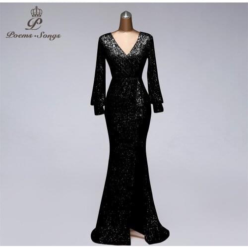 Black color long sleeve Sequin Evening Dress vestido de festa prom gowns Formal Party dress reflective dress robe de soiree