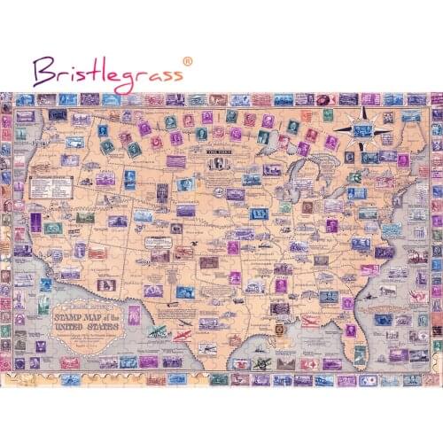 BRISTLEGRASS Wooden Jigsaw Puzzles 1000 Pieces Stamp Map United States Educational Toy Collectibles Wall Painting Art Home Decor