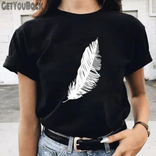 Feather Funny Black Women T-shirt Women O Neck Harajuku Manga 90S Tops Tee Girl Clothes,Drop Ship
