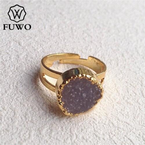 FUWO Natural Drusy Quartz Rings 24K Gold Electroplate Round Shape Geode Cluster Rings Adjustable Size Wholesale RG006