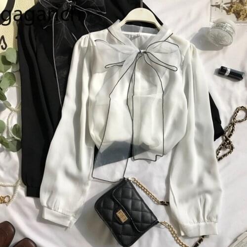 Gagarich Women Chiffon Blouses Fashion Bow Lace Up Lantern Long Sleeve Ladies Solid Tops Spring Autumn Fairy Elegant Shirt Femme