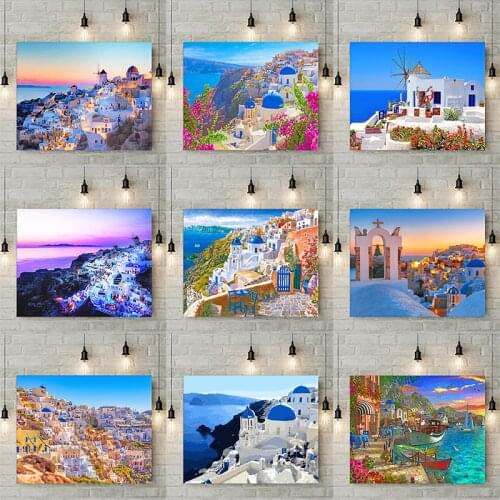 Greece by night Picture DIY Painting By Numbers Colouring Zero Basis HandPainted Oil Painting Unique Gift Home Decor