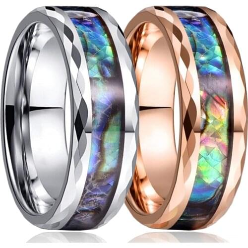Fashion 8mm Men Black Tungsten Carbide Ring Silvery Rose Gold Brushed Beveled Abalone Shell Inlay Ring Mens Wedding Band