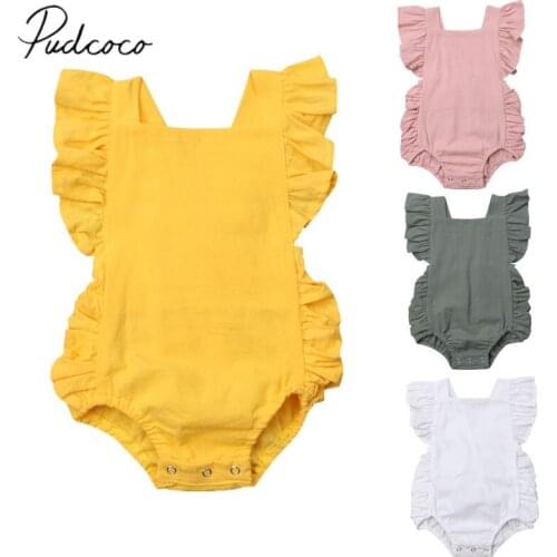 2018 Brand New Newborn Toddler Kids Baby Girls Romper Ruffles Short Sleeve Solid Backless Belt Jumpsuits Cotton Solid Playsuit