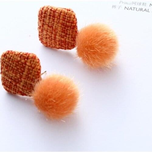 Korean Temperament Hair Ball Square Cute Earrings Cute Hair Ball White yellow purple Lattice Square Earrings Womens Jewelry