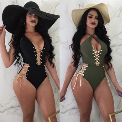 Bandage One Piece Swimsuit New Sexy Solid Color Bikini Push up Padded Bathing Suit Monokini Swimwear Swimming Summer Clothes