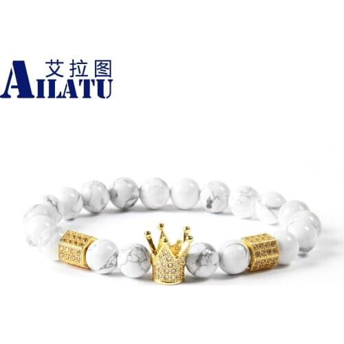 Powerful Mens Wholesale 8mm White Marble Stone Beads Clear Cz Imperial Crown & Stoppers Bracelets Drop Shipping Jewelry