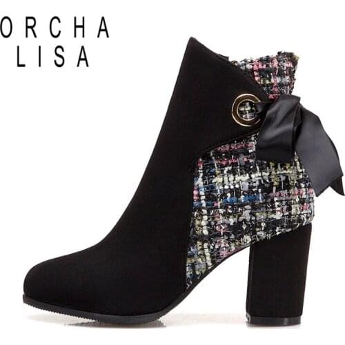 ORCHALISA Ankle boots for woman Patchwrok Round toe Bowtie Female Zipper 2022 New Spring Autumn High heels boots Warm Cool S2405