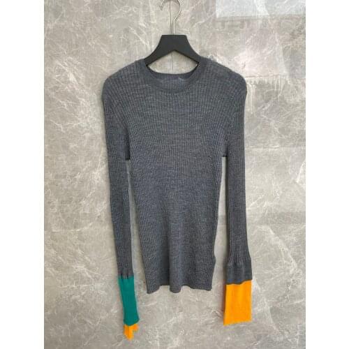2021FW Autumn New Women Patchwork Sleeve Wool Knitted Bottoming Sweater Female Slim Jumpers 3 Color Tutu