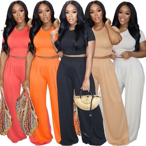 Solid 2 Piece Sets Womens Outfits Casual Tracksuit Tank Crop Top+Straight Pants Summer Matching Sets Plus Size 2021