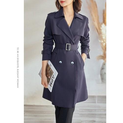 2021 autumn clothes new style temperament waist closing slim fit Navy coat medium long windbreaker coat small woman