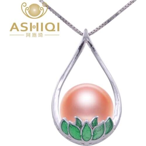 Genuine 925 Sterling Silver Natural pearl lotus Pendant Necklace ,10-11mm freshwater pearl necklace jewelry for women Enamel