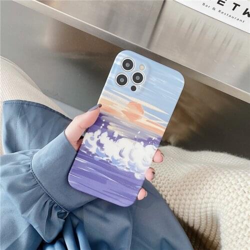 Retro sunset Cloud landscape oil painting art Phone Case For iPhone 11 12 Pro Max Xr Xs Max 7 8 Plus 7Plus case Cute Soft Cover