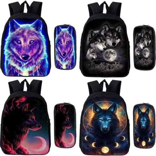Mochila Animal Lion Wolf Backpack Students 2 Pcs Set Book Bags Pen Bags Boys Girls School Bags Teens Travel Bags Casual Rucksack