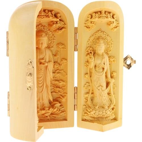 Tibet Buddhism Boxwood Kwan-yin Shakyamuni GuanYin 3 God Buddha Statue Box Collection; Decoration; Ornament