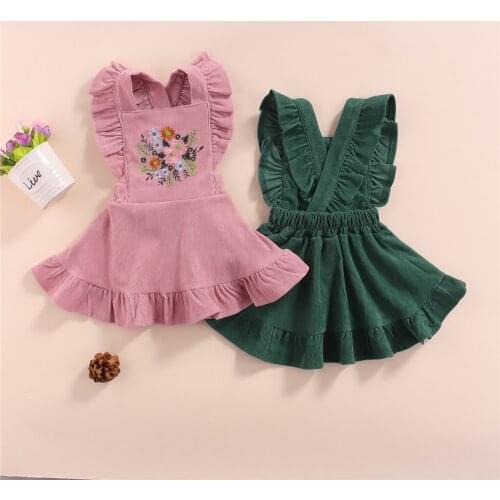 0-3Y Fashion Children Girls Casual Dresses Kid Princess Solid Ruffles Flower Embroidered Corduroy Suspender Dress Casual Outfits