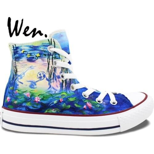 Wen Hand Painted Shoes Design Custom Water Lilies Lotus Men Womens High Top Canvas Sneakers for Birthday Gifts