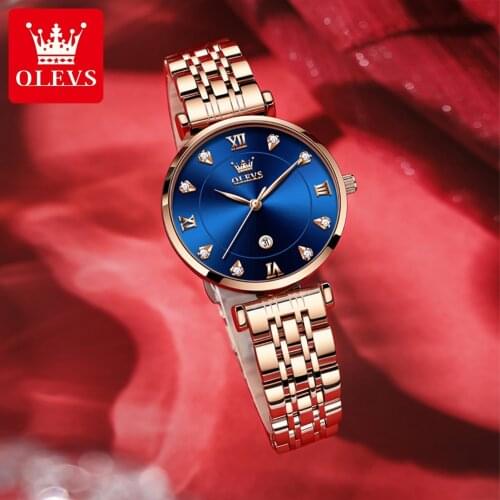 OLEVS 2021 ladies luxury rhinestone watch rose gold stainless steel strap quartz watch female clock blue dial simple watch 5866