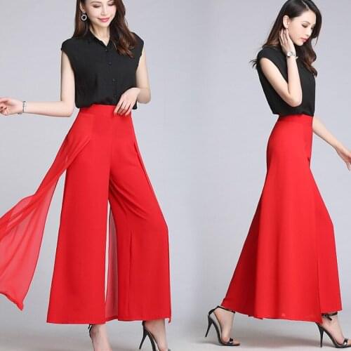 Ladies Baggy Pants Summer Casual Wide Leg Trousers Womens Fashion High Waist Side Split Black White Chiffon Pants Big 4XL W2018