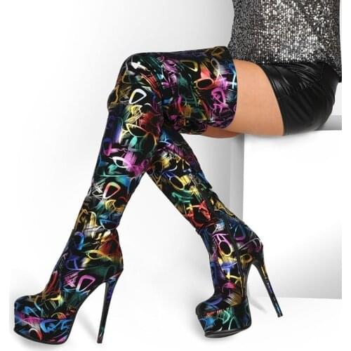 Womens Platform Shiny Printed Match Colors Over The Knee Thigh Boots Stilettos Super High 15cm Heel Leather Shoes Warm Plus Size