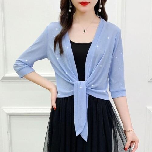 Women 2021 Spring Summer New Ice Silk Cardigan Coat Female V-Neck Half Sleeve Sweater Ladies Loose Casual Thin Knitted Tops Y956