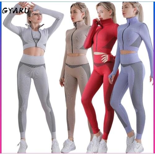 GYARU Women Seamless Yoga Set Fitness Sports Suits Gym Clothing Long Sleeve Top Shirts High Waist Running Leggings Workout Pants