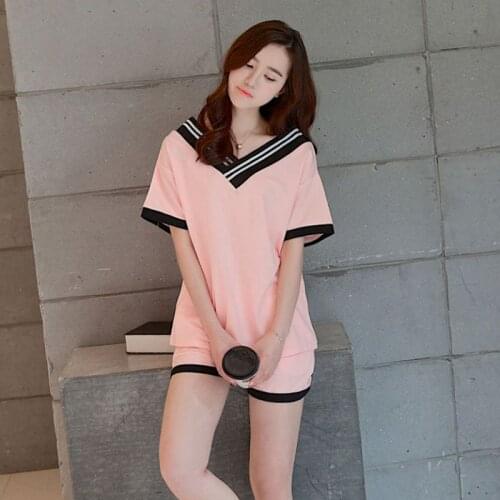 2020 Pink Pajamas Suit Summer New V-neck Short Sleeve Top Shorts 2 Pcs Set Stripes Stitching Casual Loose Ladies Home Wear
