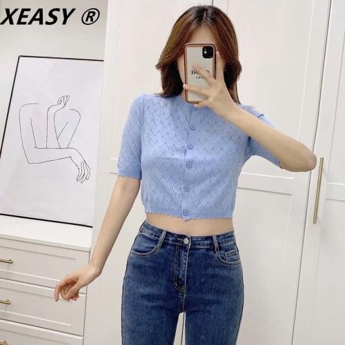 XEASY Za Women 2021 Thin Cardigan Summer Jacquard Mesh Knit Jacket Woman O Neck Short Sleeve Button Crop Top Cropped Sweater