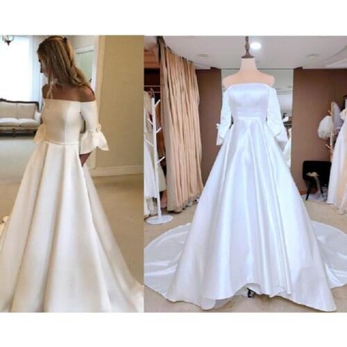 White Ivory Satin Wedding Dresses For Women 2021 robe de mariée A Line Wedding Gowns Off The Shoulder Custom Made Bridal Dress
