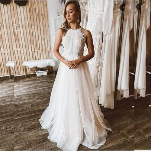 Halter Wedding Dress Boho Sleeveless Tulle A-Line Robe De Mariee For Women Bridal Gowns Court Train White Pleat Lace Appliques