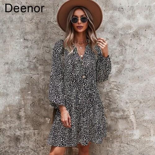 Deenor Leopard Print Dress Maxi Dresses for Women Ruffles Party Dresses Elegant Long Lantern Sleeve A-line Dress Office Lady