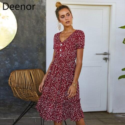 Deenor Summer Beach Holiday Dress Dot Print V-neck Boho Buttons Casual Short Sleeve Dress Party Maxi Dresses Outfits for Women