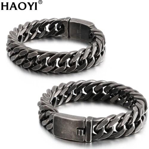 12/15mm Punk Men Stainless Steel Curb Cuban Link Chain Bracelets Vintage Black Solid Chains Unisex Wrist Jewelry Gift