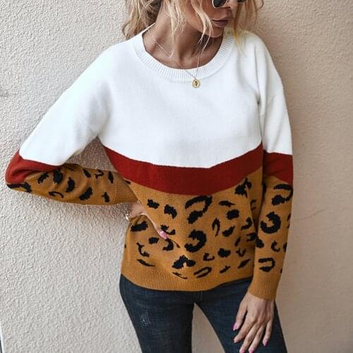2021 Autumn Winter Leopard Patchwork Womens Sweaters Fashion O-Neck Long Sleeve Casual Knitted Jumpers Female Oversize Pullover