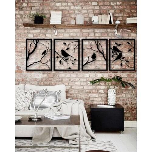 Bird And Tree Design Wall Decor Picture 4PCS Set Black Wood Laser Cut Sticker Ornament Painting Home Office Room Luxury Design
