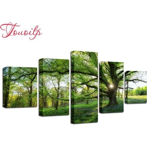 TOUOILP 5 Panel Groene Boom Landschap 5d Woods in the sun Diamond Painting Cross Stitch icon 5d Diamond Embroidery for children diamond Mosaic pattern