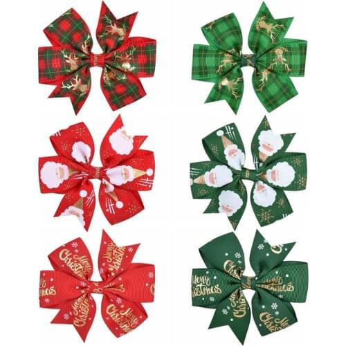 6Pcs/lot 3.5Inch Christmas Snowman Painted Grosgrain Ribbon Hair Bow Clips Kids Hairpins Boutique Bow Hair Accessories 074