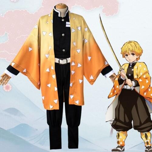 Anime Kimetsu no Yaiba Cosplay Costume Adult Kids Demon Slayer Agatsuma Zenitsu Kimono Full Sets Wig Halloween Costumes C90C36