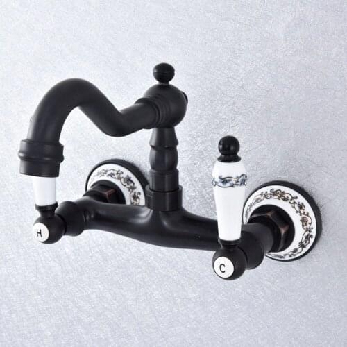 Oil Rubbed Bronze Bathroom Basin Swivel Spout Faucet Wall Mounted Dual Ceramic Handles Vessel Sink Mixer Taps Nsf761
