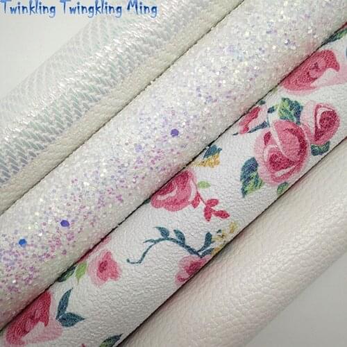 White Glitter leather, Flowers Printed Faux Leather, Litchi Synthetic Leather For Bow A4 21x29CM Twinkling Ming KM247