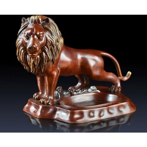 Collectible Brass Lion Statue Chinese Palace Pure Copper Lion Ashtray Craft Home Office Decoration
