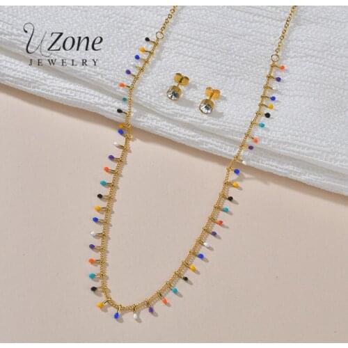 Uzone Multicolor Dropping Oil Jewelry Set Stainless Steel Tiny Cubic Zirconia Earrings Necklace Set For Women Girlfriend Gift