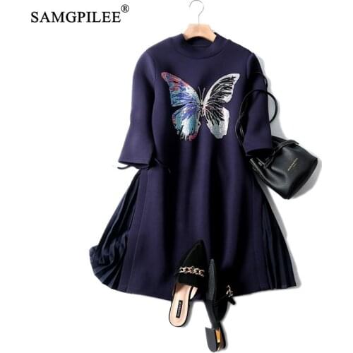 Korean Fashion Clothing Casual Autumn Dress A-line Print Three Quarter Sleeve Diamonds Knee-length O-neck Winter Dress Women 4XL