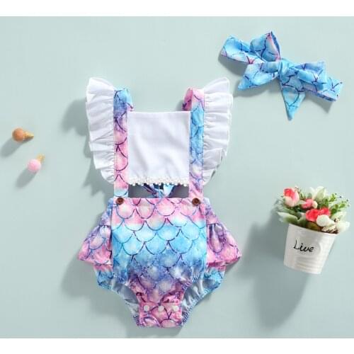 6 Colors Baby Girl Summer Casual Fly Sleeve Bodysuits Newborn Infants Fashion Fish Scales Print Bandage Jumpsuits+Headband Set