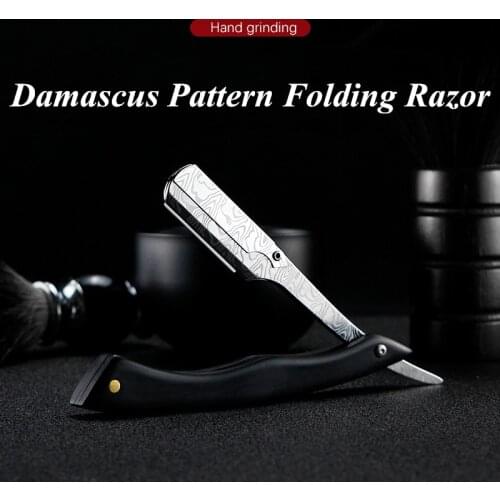Men Shaving Barber Tools Damascus Pattern Folding Razor Ebony Handle Shaving Hairdressing Tool Beard Knife Holder G0722